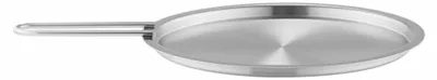 A stainless steel frying pan with a handle, shown from a side angle against a white background.