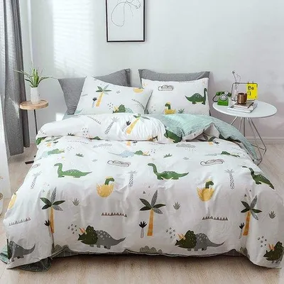 Produktbild von Kinderbettwäsche, 100 x 135 cm, 2-teilig Dino-Design, weiß, 100% weiches Baumwoll, Cartoon-Design, für Mädchen und Jungen.
