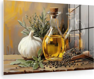 Produktbild von MuchoWow Glasbilder - Bilder auf Wandbild - Foto auf Glas Stilleben - Olivenöl - Knoblauch - Kräuter 30x20 cm Wanddekoration aus Glas - Acrylglasbild - Acrylbilder - Bilder auf glas wandbild