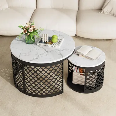 Produktbild von MODFU Couchtisch 2er-Set Rund,Wohnzimmertisch Sofatisch mit geometrischem Hohlmuster,Beistelltisch mit Haustierfunktion,Kaffeetisch,Schwarze und Weiß