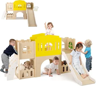 Imagen del producto de Tobogán infantil 7 en 1 para interiores, tobogán para niños con aro de baloncesto, escalera de escalada, túnel y espacio de almacenamiento, parque infantil de madera con forma de castillo, tobogán para bebés para exteriores, juego de toboganes para niños, 169 x 125 x 98 cm