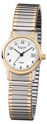 Produktbild von Regent F-889 Damen-Uhr Analog Quarz mit Zug-Armband Silber IP Gold Datum Ø 25 mm