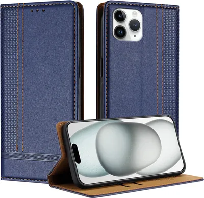Produktbild von Handyhülle für iPhone 11 Pro Leder Flip Klappbare Schutzhülle mit Standfunktion Blau