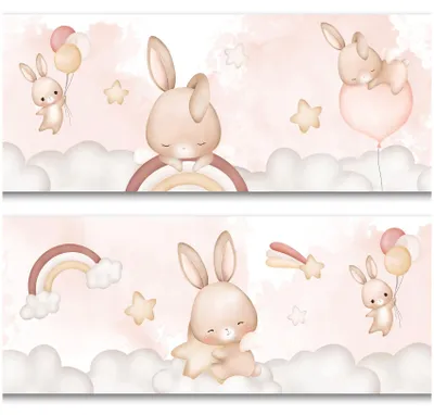 Zdjęcie produktu dla Samoprzylepna naklejka na ścianę, 15 cm x 200 cm, motyw: króliki z balonami, idealna do pokoju dziecięcego