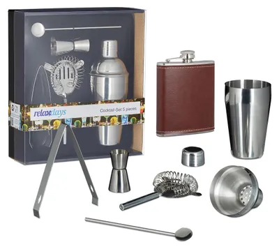 Produktbild von 6 tlg Bar-Set, aus Edelstahl, Flachmann 200 ml, Shaker, Barsieb, Messbecher, Cocktaillöffel, Eiswürfelzange, Cocktailset