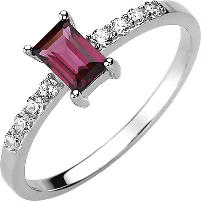 Produktbild von Damen Ring aus 925 Silber Rhodolith rot in Smaragdschliff & 8 weißen Zirkonia Innenumfang 52mm  Ø16.6mm
