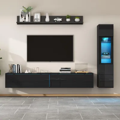 Produktbild von TV Wohnwand-Set 3-teilig – TV-Schrank, Wandschrank & Regal, Weiß, Mit LED, Für Fernseher Bis 80 Zoll