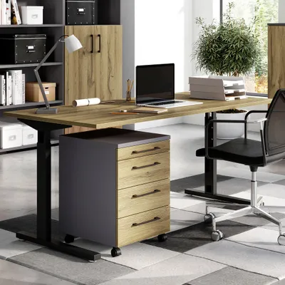 Produktbild von Büromöbel Set Schreibtisch mit Rollcontainer PRATO-01 in graphit mit Grandson Eiche Nb., B/H/T: ca. 160/80/80 cm