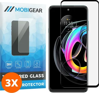 Produktbild von Mobigear Premium 9.98 Motorola Edge 20 Lite Panzerglas Gehärtetes Glas Displayschutz - Hüllenfreundlich - Schwarz (3er Pack)