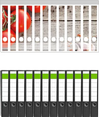 Produktbild von Wallario 12 Stück schmale Ordner inkl. Klebeetiketten mit Motive Tomaten und Gewürze auf altem Holztisch -  Set mit Rückenschildern / Ordnerrücken Stickern
