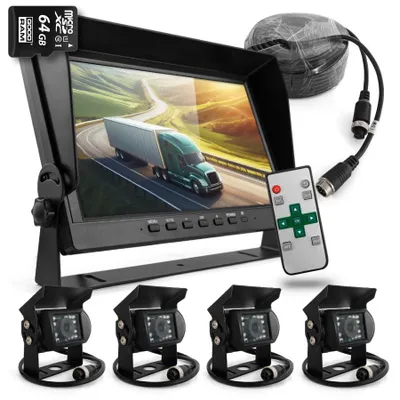 Obrázek produktu pro Sada pro couvání s 7" monitorem, FHD 1080p kamerou, 4 kamerami, 15m kabelem a 64GB SD kartou