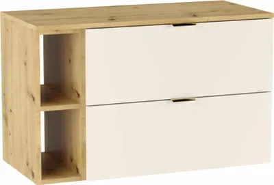 A white cabinet with two drawers and a wood-effect top and side panel, featuring two open shelves on the left.