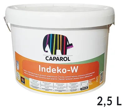 A white plastic bucket of paint with a colorful label.