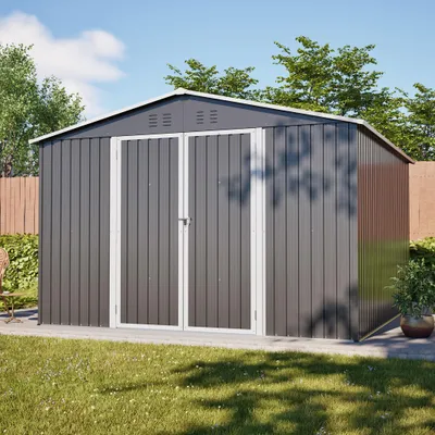 Produktbild von Metall Gartenschuppen 3x3m mit Bodenrahmen, stabiler Stahlschuppen, abschließbare Türen, Grau