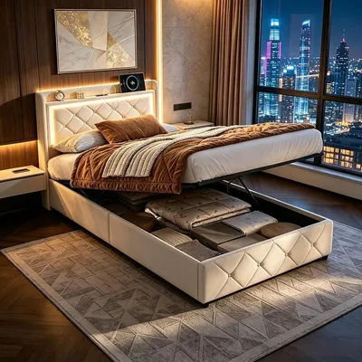 Image de Lit 90x200 cm avec sommier à lattes, espace de rangement, tête de lit, éclairage LED, ports USB et Type-C, pour adultes, couleur beige - modèle 1