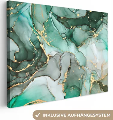 Produktbild von MuchoWow® - Leinwandbilder - Gold - Marmor - Grün - Luxus - Marmoroptik - Grau, Wandbild, Wanddeko Bilder Wohnzimmer, 120x90 cm