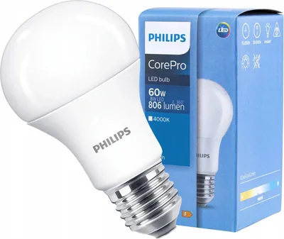 A Philips CorePro LED bulb and its packaging are shown against a white background.