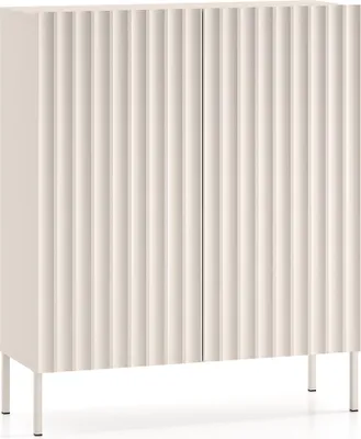 A front view of a light beige highboard with fluted doors, standing on thin metal legs against a white background.