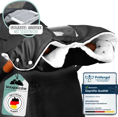 Produktbild von WOLKENGLÜCK® Kinderwagen Handwärmer [für alle gängigen Kinderwagen & Buggys] Extra weicher Handwärmer Kinderwagen mit integriertem Handyfach - Wasserabweisender Handmuff für Kinderwagen