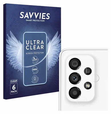 A product box for screen protectors is shown next to a close-up of a smartphone camera module with individual lens protectors applied.
