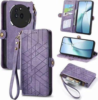 Produktbild von Für Nothing Phone 3a Pro Geometric Design Kunstleder Zipper Book Wallet Tasche mit Schlaufe Lila