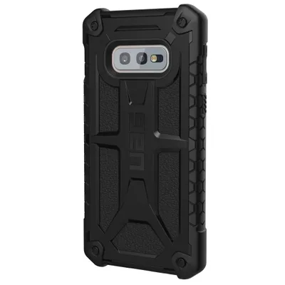 A black UAG phone case for a Samsung Galaxy S10e is shown from the back.