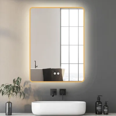 Produktbild von HOKO Gold Badspiegel Led Beleuchtung Rechteck 60x80/80x60cm, Wandspiegel mit Antibeschlag und mit Touch Schalter, Licht Wechsel, Memory Funktion
