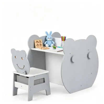 Produktbild von Kindertisch und Stuhl Set, 3-in-1 Aktivitätstisch-Set für Kinder, Kinderschreibtisch mit Stauraum & Whiteboard (Grau)