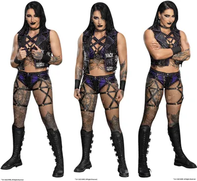 Three identical images of a female wrestler in a wrestling outfit.