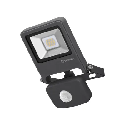 A dark gray LED floodlight with a motion sensor is shown against a white background.