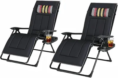Produktbild von Liegestuhl Klappbar Sonnenliege 2er Set Verstellbare Rückenlehne Gartenliege Klappliegestuhl Kopfstütze und Getränkehalter Relaxliege Belastbar 150kg, Zero Gravity Liegestuhl Liege für Wohnzimmer Pool