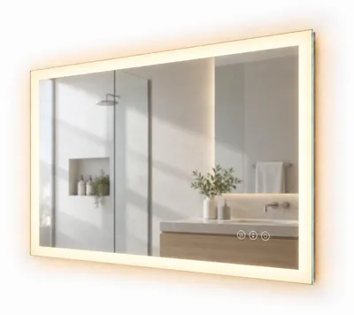 Produktbild von Relaxdays Badspiegel, 50 x 70 cm, dimmbarer LED-Spiegel, Steckdose, Anti-Beschlag, IP44, eckiger Badezimmerspiegel, Glas, KI-generiertes Bild