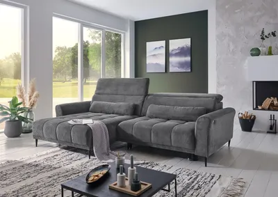Produktbild von Wohnlandschaft >Wolve< Kopfteilverstellungen, 2 Kissen, Cord grau - 277x108x179cm (BxHxT)