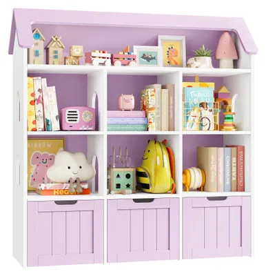Image de Étagère de rangement pour jouets - Bibliothèque en forme de maison - 7 compartiments ouverts et 3 tiroirs - Avec roulettes - En bois - 120 x 33 x 117,5 cm - Rose