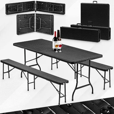 Produktbild von Bierzeltgarnitur 3-teilig Set Tisch + 2x Bank, wetterfest für drinnen und draußen, klappbar mit Tragegriffen, Kunststoff, Gartengarnitur, Klapptisch, Gartentisch 180 cm Rattan-Optik (anthrazit)
