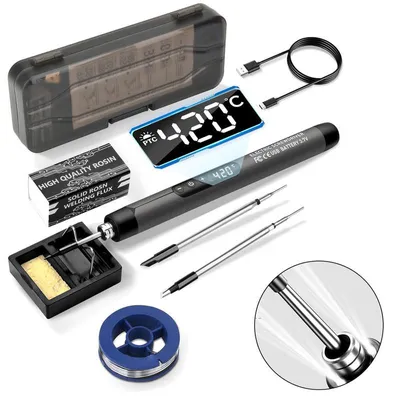 Produktbild von Akku Lötkolben Set, 5 Gänge Temperatur Einstellbare 260 ℃-420 ℃, 3 Lötspitzen, Lötdraht, Lötpaste, lötkolben akku für Reparatur des Schweißens