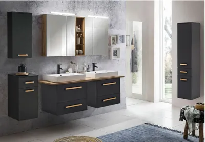Produktbild von Badezimmermöbel Set in anthrazit mit Eiche Landhaus DABO-04 mit 165cm Keramik-Waschtisch und LED-Spiegelschrank, B/H/T ca. 250/200/50
