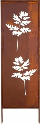 A decorative metal garden screen with a rust finish and a cut-out leaf design.