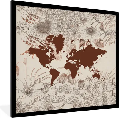 Produktbild von MuchoWow® MuchoWow® Gerahmtes Poster Weltkarte - Blumen - Rot 40x40 cm - Poster mit zchwarzem Bilderrahmen - Mit Rahmen - Wanddekoration Schlafzimmer