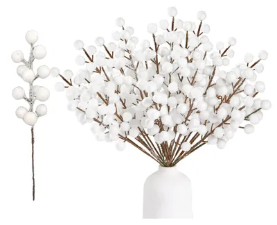 20 weiße Kunstbeerenzweige, 22 cm, Weihnachtsdeko