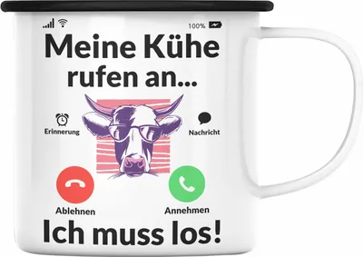 Produktbild von Trendation - Meine Kühe Rufen An Emaille Tasse Geschenk Landwirt Bauer Geschenkidee Landwirtin Kuh Grafik (Schwarz)
