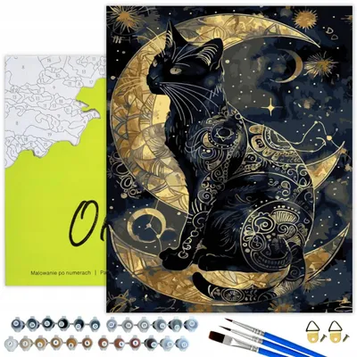 Produktbild von Oh Art! Malen nach Zahlen Tiere Katze mit Mond 40 x 50 cm Schwarz Leinwand mit Holzrahmen & Goldfarbe Acrylfarben, 3 Pinseln und Zubehör DIY Set