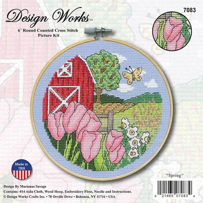 Produktbild von Design Works Kreuzstich Stickpackung mit Stickrahmen "Frühling", Zählmuster, Diam. 15cm