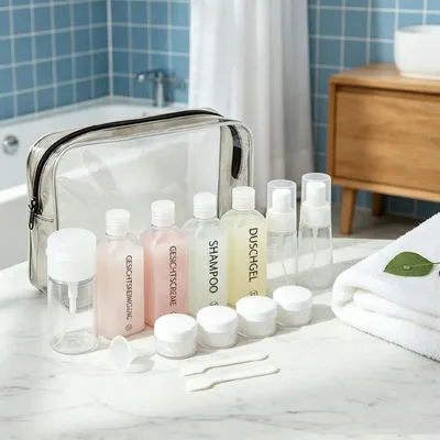 Produktbild von Reiseflaschen Set 21-teilig, transparent, auslaufsicher, für Kulturbeutel