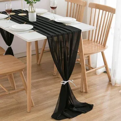 Zdjęcie produktu dla Czarny obrus 70 x 300 cm, nadający się do prania, z szyfonu, dekoracja stołu weselnego