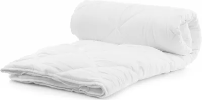 A white rolled-up comforter or duvet is shown on a white background.