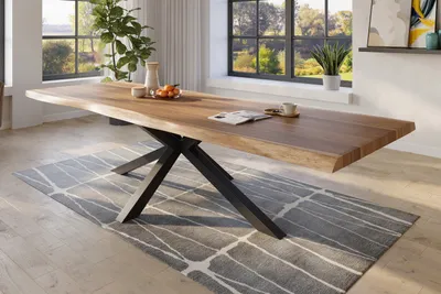 Produktbild von Baumkantentisch 320 x 120 cm Esstisch massiv Akazie Natur Spider-Gestell Schwarz TITAN