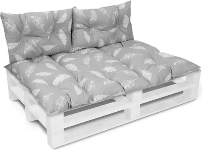 A set of cushions for a pallet sofa, shown on a white pallet base against a white background.