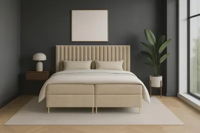 Produktbild von GUTTO Boxspringbett JILL 160 x 200cm mit Bettkasten TOPPER 5cm Gratis Beige Velour hohe goldene Beine