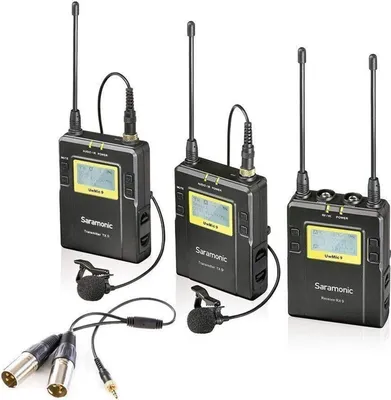 Immagine prodotto di Set di microfoni wireless Saramonic UwMIC9 per video DSLR, registrazioni sul campo e interviste, con trasmettitore bodypack TX9 2x e ricevitore portatile